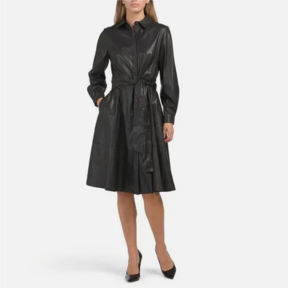 Black Leather Belted Coat